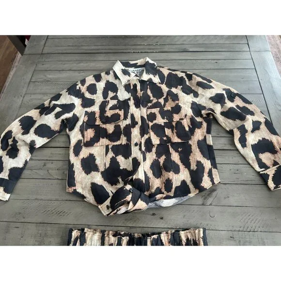 GANNI Silk Linen Leopard Print Shirt + Matching Shorts SET Size 32 XS - Picture 7 of 13